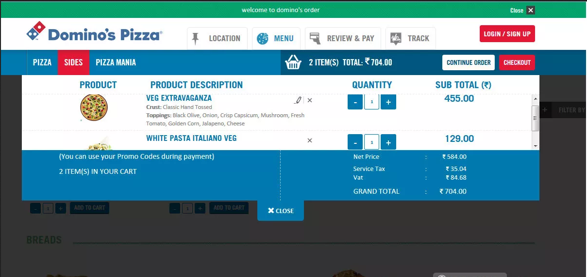 Dominos Checkout page