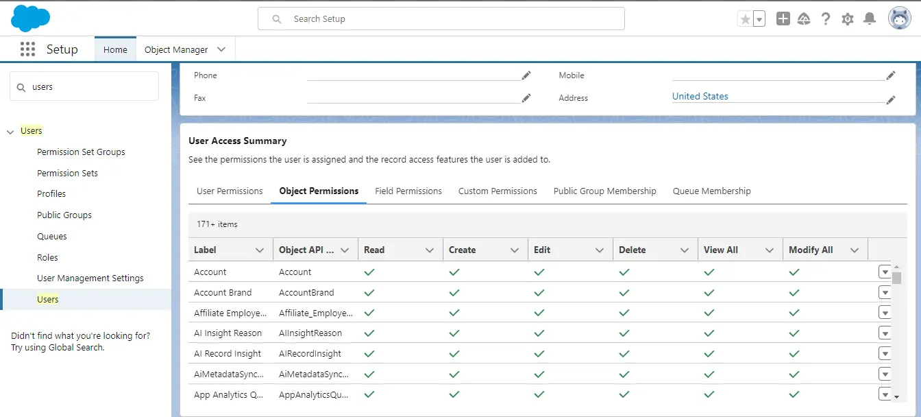 User access summary