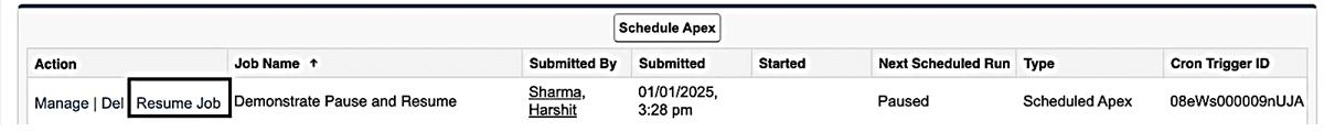 Apex Class ResumeScheduledJobs